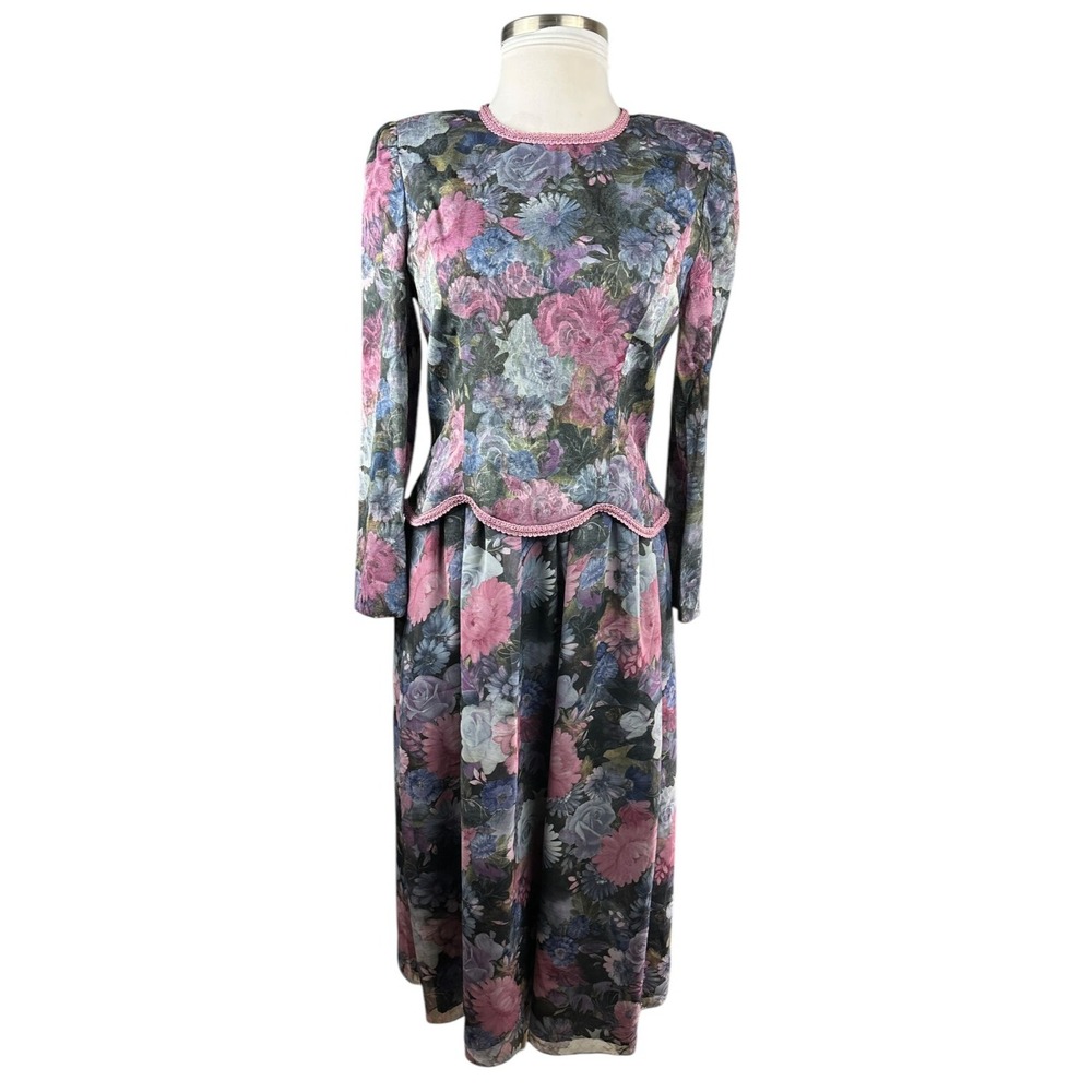 Vintage Unbranded Floral Peplum Dress Secretary Romantic Prairie Layered Size 16 - Picture 2 of 16